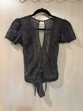 For Love & Lemons Black Lace Short-Sleeve Bodysuit